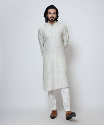Ice grey silk kurta pajama 1