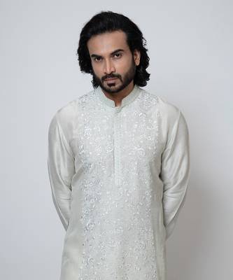Ice grey silk kurta pajama 4