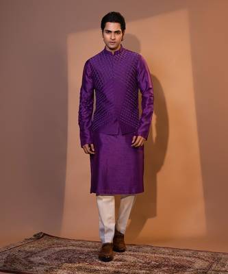 Grape purple silk bandhgala set 1