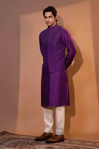 Grape purple silk bandhgala set