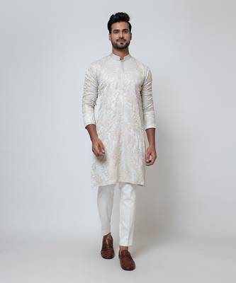 Grey linen satin kurta pajama 1