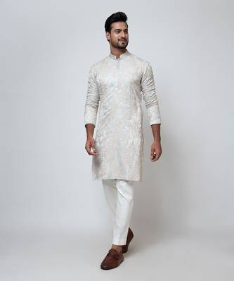 Grey linen satin kurta pajama 2