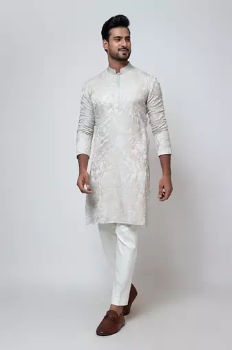 Grey linen satin kurta pajama