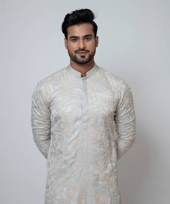 Grey linen satin kurta pajama 3