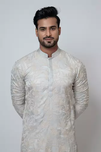 Grey linen satin kurta pajama