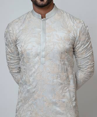 Grey linen satin kurta pajama 4