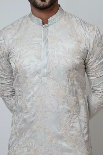 Grey linen satin kurta pajama