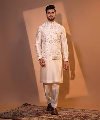 Blush pink chanderi silk nehru jacket set 1
