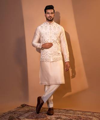 Blush pink chanderi silk nehru jacket set 2