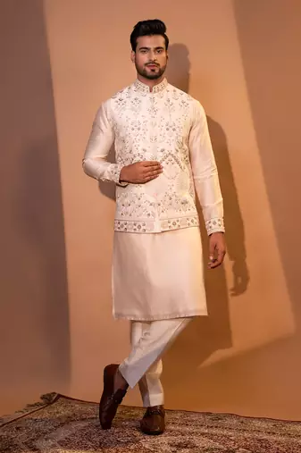 Blush pink chanderi silk nehru jacket set