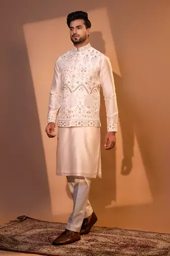 Blush pink chanderi silk nehru jacket set