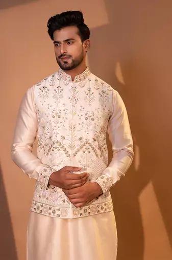 Blush pink chanderi silk nehru jacket set
