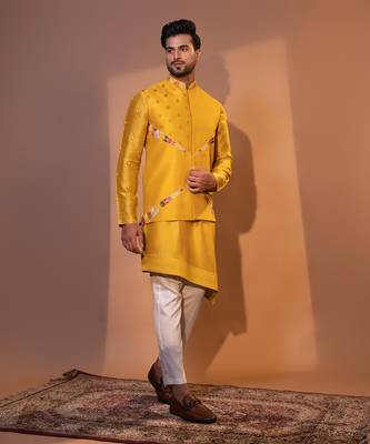 Mustard yellow silk nehru jacket set 1