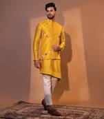 Mustard yellow silk nehru jacket set