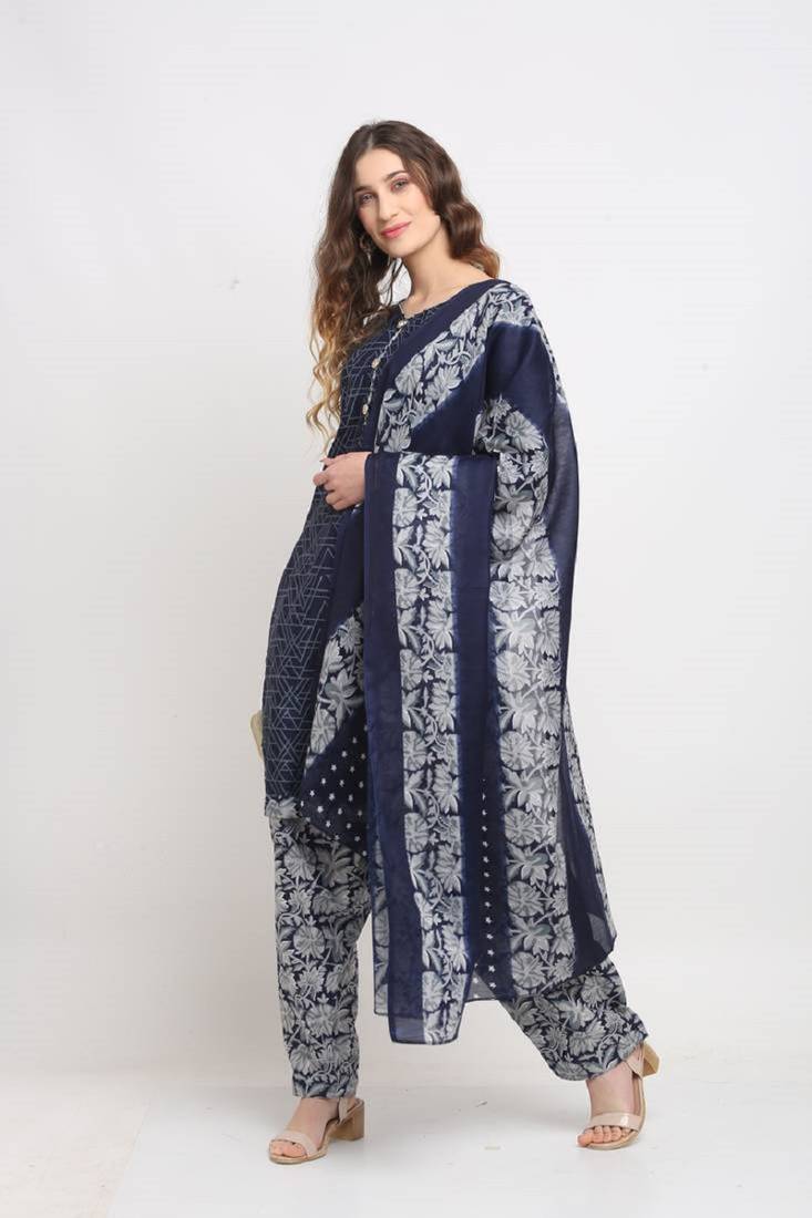 Blue Cotton Blend Printed Ready to Wear Salwar Suit