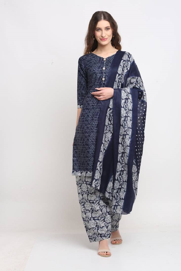 Blue Cotton Blend Printed Ready to Wear Salwar Suit