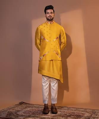 Mustard yellow silk nehru jacket set 2