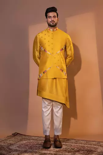 Mustard yellow silk nehru jacket set