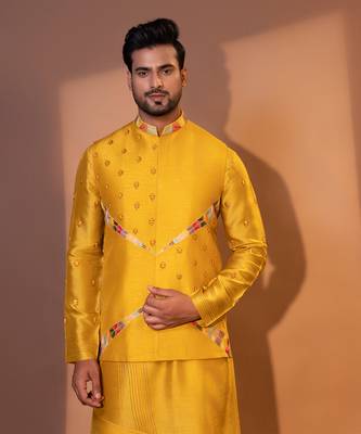 Mustard yellow silk nehru jacket set 3