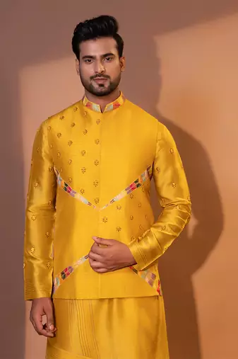 Mustard yellow silk nehru jacket set