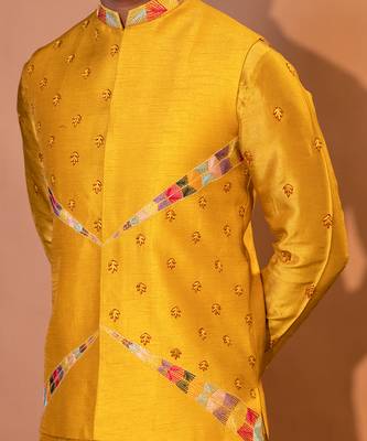 Mustard yellow silk nehru jacket set 4