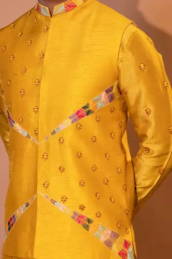 Mustard yellow silk nehru jacket set