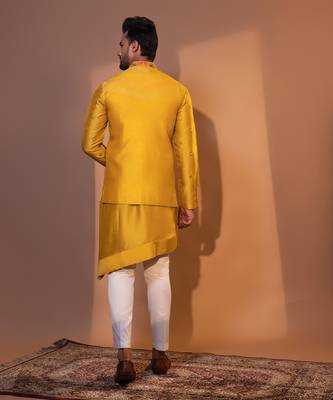 Mustard yellow silk nehru jacket set 5