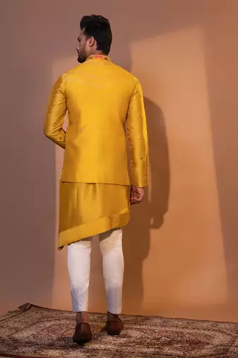 Mustard yellow silk nehru jacket set