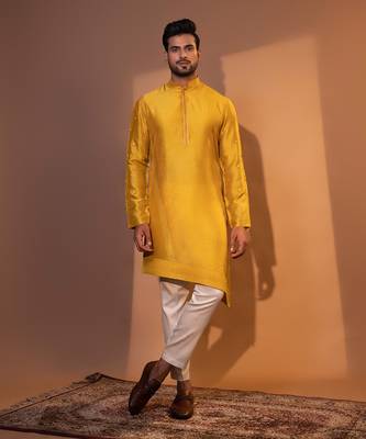Mustard yellow silk kurta pajama 1