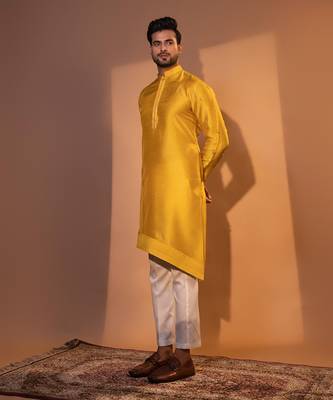 Mustard yellow silk kurta pajama 2