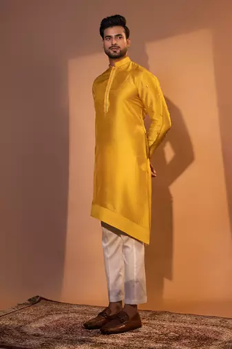 Mustard yellow silk kurta pajama