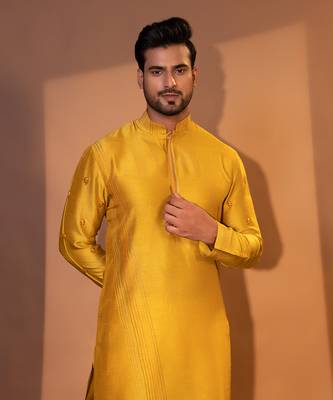 Mustard yellow silk kurta pajama 3