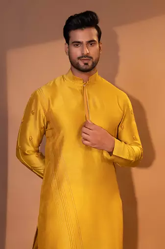 Mustard yellow silk kurta pajama