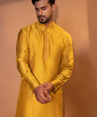 Mustard yellow silk kurta pajama 4