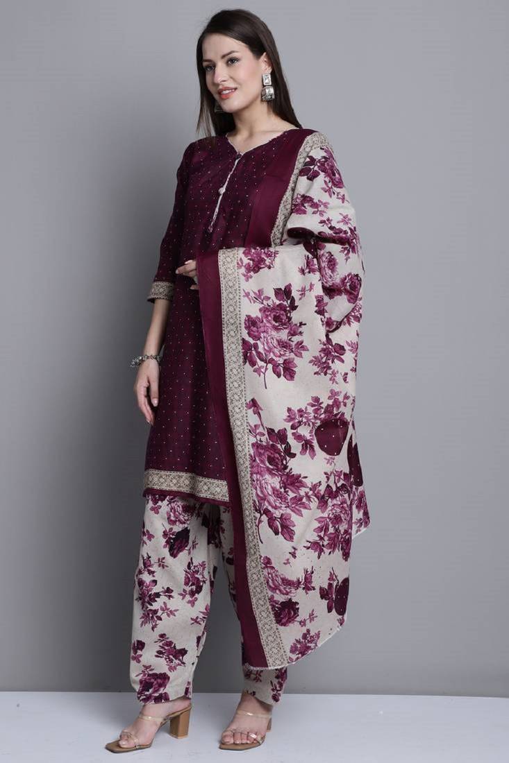 Classiques Polyester Floral Printed Wine Salwar Suit