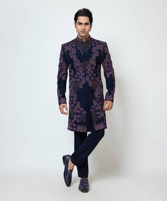 Midnight blue suiting achkan set 1