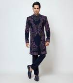 Midnight blue suiting achkan set