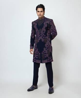 Midnight blue suiting achkan set 2