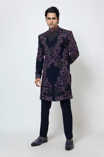 Midnight blue suiting achkan set