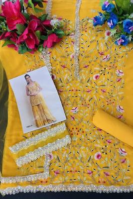 Yellow georgette embroidered punjabi suits semi stitched 2