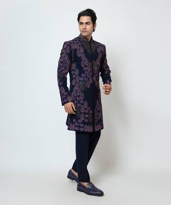 Midnight blue suiting achkan set 3