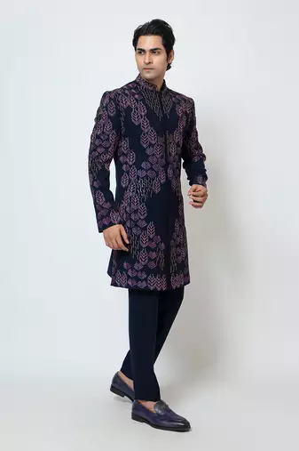 Midnight blue suiting achkan set