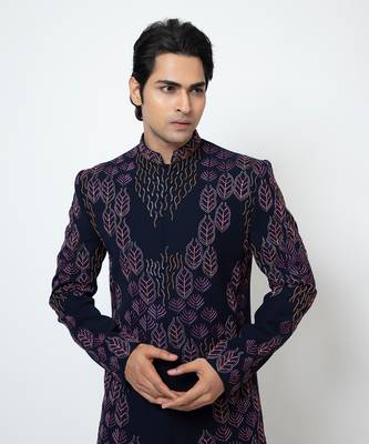 Midnight blue suiting achkan set 4