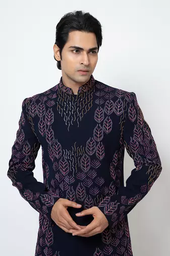 Midnight blue suiting achkan set