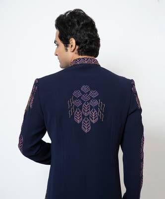 Midnight blue suiting achkan set 5