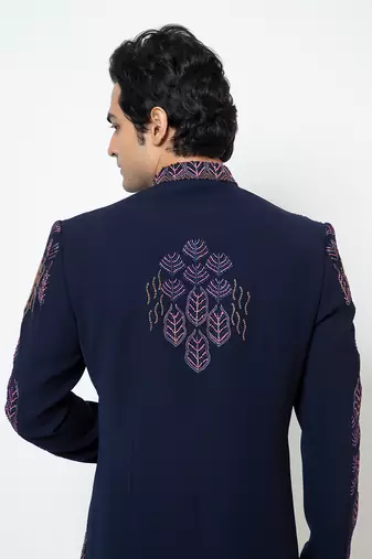 Midnight blue suiting achkan set