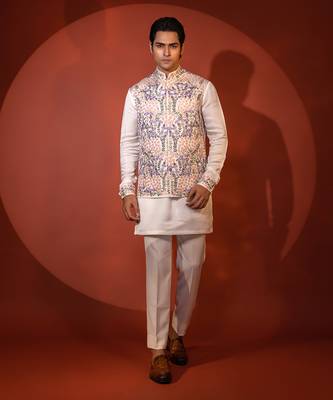 White satin nehru jacket set 1