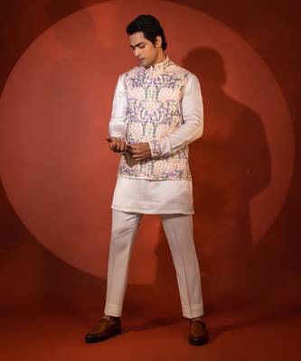 White satin nehru jacket set 2