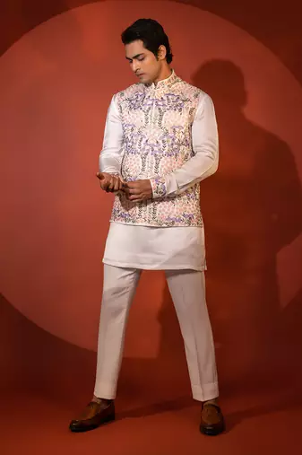 White satin nehru jacket set