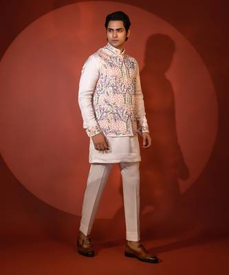 White satin nehru jacket set 3